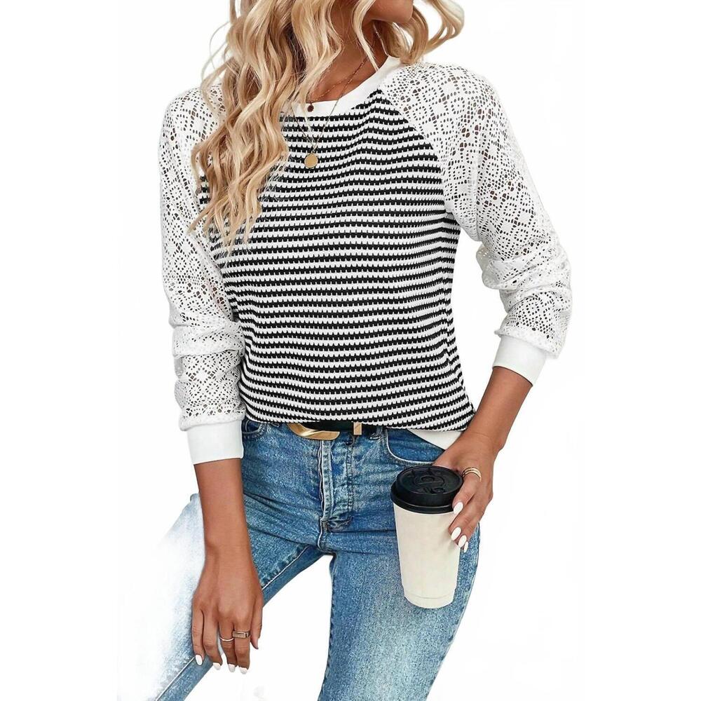 NEW DEAR LOVER stripe knit top with lace sleeves in black and white